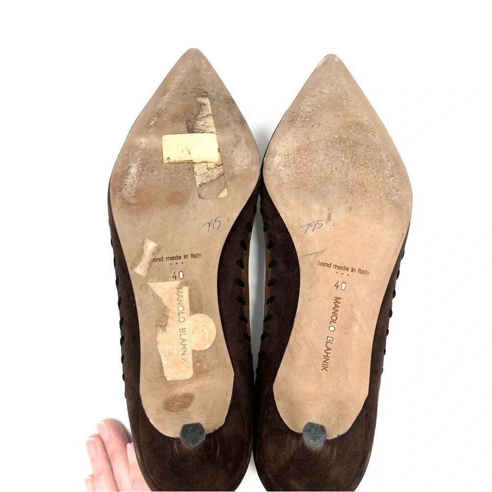 Manolo Blahnik Western Suede Kitten Low Heels Pumps Brown Tan Pointed Toe 40 10
